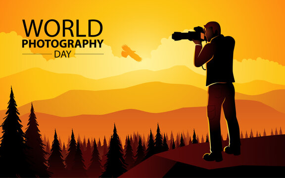 Photographer silhouette with telescopic lens takes a photograph of a beautiful mountain landscape, World Photography Day vector illustration
