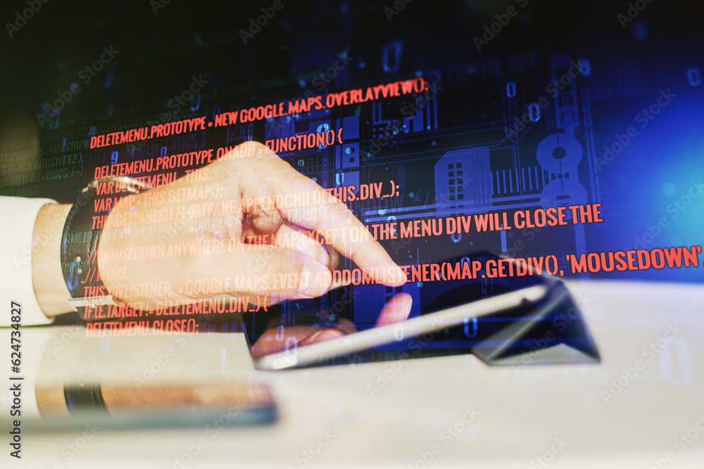 Aufkleber double exposure of abstract programming language hologram with finger clicks on a digital tablet on 