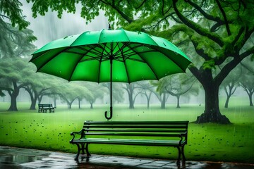 A vivid green umbrella rests on a park bench as gentle raindrops descend from the sky. AI generated 