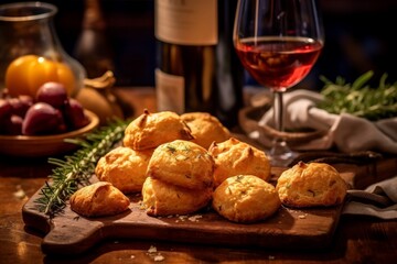 Gougères on a rustic table setup with red wine and fresh herbs - obrazy, fototapety, plakaty