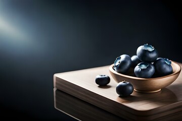 blue berries in a wooden bowl on the table with black background, Generative Ai technology