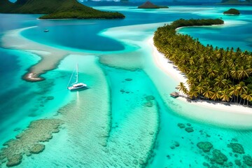 Fototapeta na wymiar Aerial view of a lone sailboat peacefully drifting through the crystal-clear waters of a secluded lagoon, embraced by the majestic jungle-covered mountain of Bora Bora. Ai generated