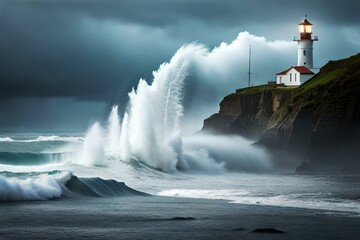 Guiding Light in the Vast Expanse, a Lighthouse Stands Majestic on the Shore, Illuminating the Sea's Enigmatic Beauty