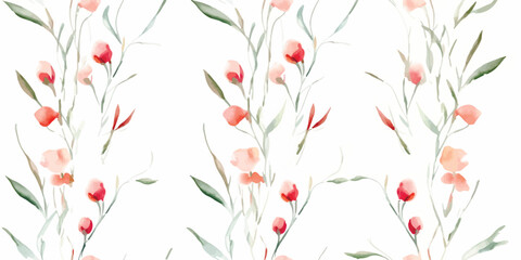 Abstract floral pattern of vertical branches with leaves and small flowers roses. Watercolor seamless print on white background