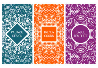 Set of packaging design with various vintage monochrome patterns. Elegant backgrounds with frames for text.