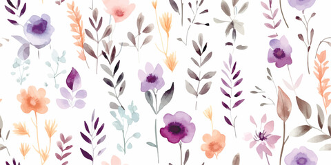 Delicate watercolor floral pattern, seamless illustration with abstract flowers, plants and leaves for textile, wallpapers or decoration texture on white background