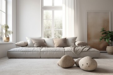 Over a cozy dove gray and beige living room with sofa and pillows, lounge, carpet, coffee table, pouf, and decors, zen concept interior design, a white table shelf with a pebble balance,. Generative