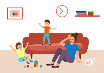 Tired mom exhausts with playful kids in flat design.