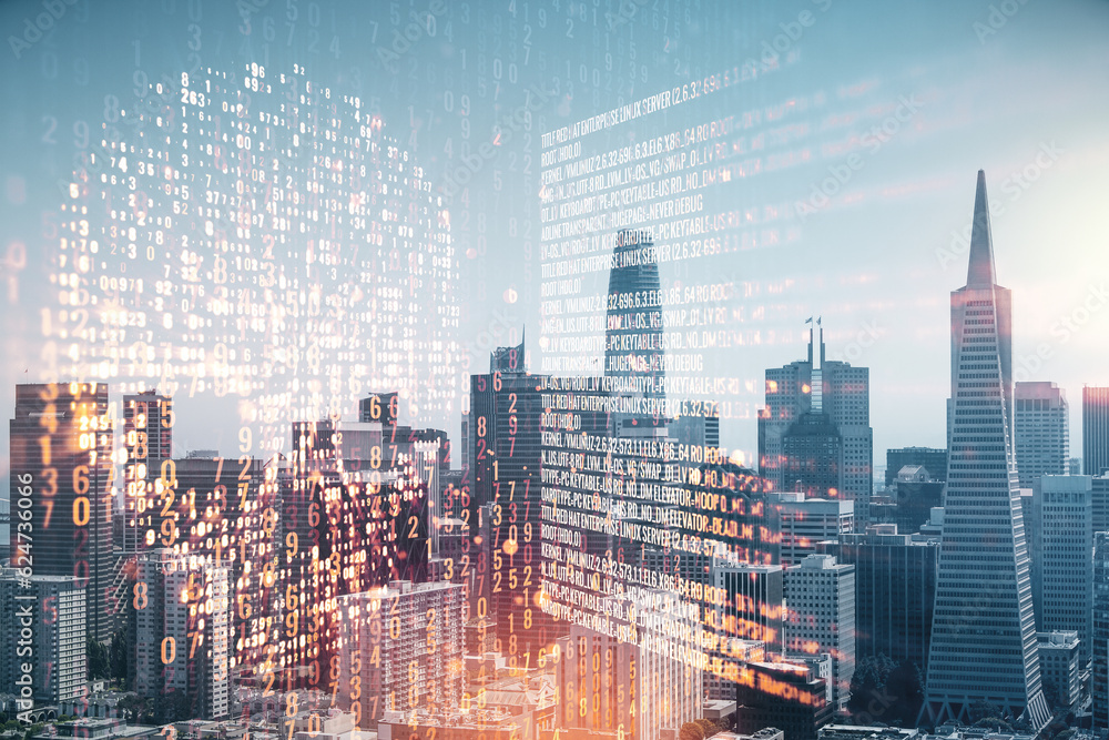Poster abstract virtual creative code skull hologram on san francisco office buildings background, theft of