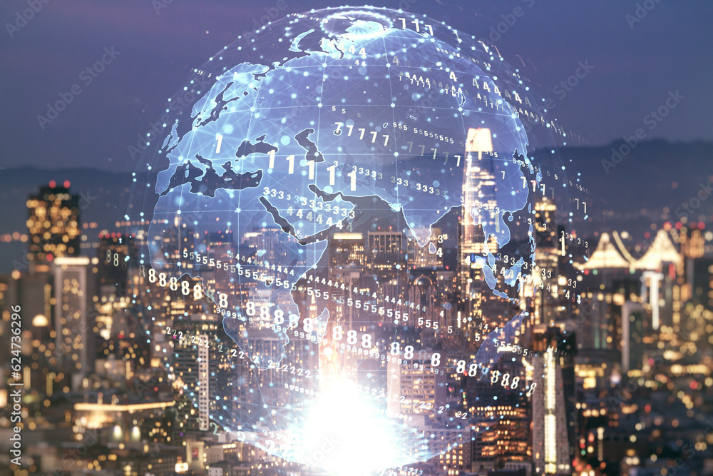 Poster multi exposure of abstract programming language hologram and world map on san francisco office build