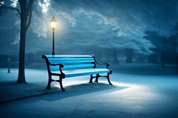 In a serene park, a vintage park bench stands alone, painted in plain monochrome pastel blue,...