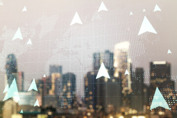 Double exposure of abstract virtual world map with pins hologram on blurry cityscape background....