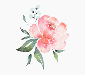 Watercolor vector figures on a white background. White card with peonies background. Retro futuristic aesthetics of the 2000s.