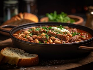 Cassoulet with a garnished side of fresh parsley and crusty bread on a wooden table