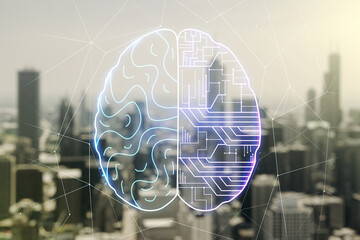 Virtual creative artificial Intelligence hologram with human brain sketch on blurry skyline background. Multiexposure