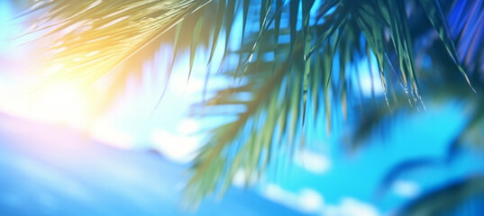 Fototapeta na wymiar Abstract blur defocused background, toned gently blue, nature of tropical summer, rays of sun light