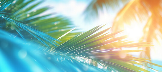 Obraz premium Abstract blur defocused background, toned gently blue, nature of tropical summer, rays of sun light