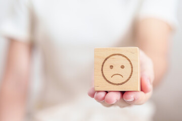 Woman show Unhappy Sad face block, Mental health Assessment, Psychology, Health Wellness, Feedback, Customer Review, Experience, Satisfaction Survey, Negative Thinking and World Mental Health day