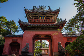 Sanmon Gate of Sofukuji Zen Temple in Nagasaki Japan, Ryugumon gate, chinese style architecture red entrance gate