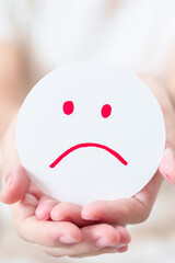 Woman show Unhappy Sad face paper, Mental health Assessment, Psychology, Health Wellness, Feedback, Customer Review, Experience, Satisfaction Survey, Negative Thinking and World Mental Health day