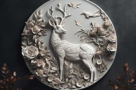 Metal deer and botanical bas relief wildflowers for wall art. decorative plaster flowers decorating for Christmas. Modern and stylish room decor. Generative AI