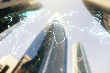 Abstract creative digital world map on modern architecture background, globalization concept. Multiexposure