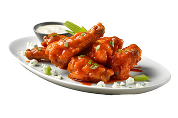 Crispy chicken wings coated in a spicy buffalo sauce, served with blue cheese dressing and celery sticks. A favorite for spicy food lovers. white background - Generative AI 