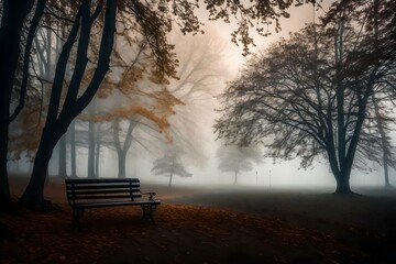 A lonely park bench sits gracefully amidst a blanket of thick fog, giving the scene an enchanting and magical quality.Ai generated