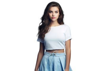 Fashionable Young Woman in White Shirt and Blue Short Skirt - Full-Length Portrait on Transparent Background PNG File for Modern Lifestyle Designs
