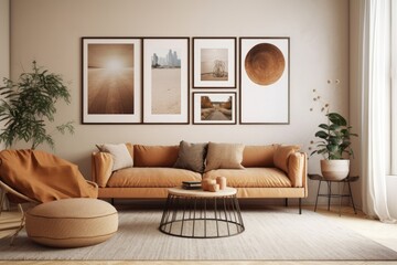 living room in earth tones with frames,. Generative AI