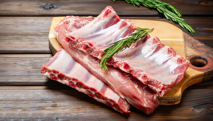 fresh pork ribs with rosemary on a wooden board