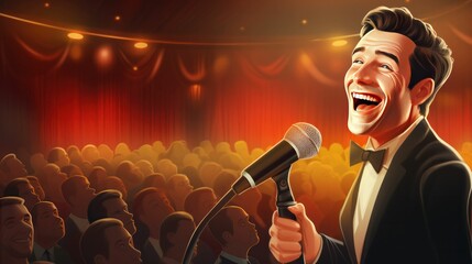 A comedian speaker with a microphone in front of an audience illustration