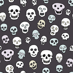 Obraz premium Doodle Halloween sculls seamless pattern. Color Skeleton on grey background. Hand-drawn scary cranium. Mystical sketch character. Vector illustration for spooky autumn holiday, The day of the Dead