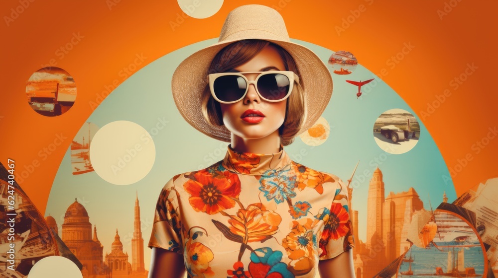 Wall mural Fashion woman wearing 60s retro style summer dress, sunglasses and hat, Travel themes collage, Retro print style summer poster. AI generative.