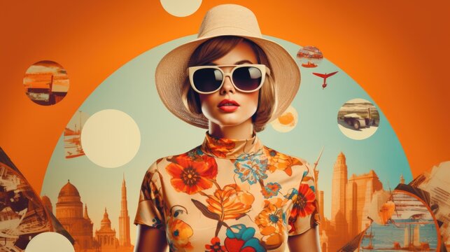 Fashion woman wearing 60s retro style summer dress, sunglasses and hat, Travel themes collage, Retro print style summer poster. AI generative.