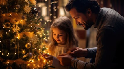 Obraz na płótnie Canvas Father and daughter decorate a Christmas tree. AI generative.