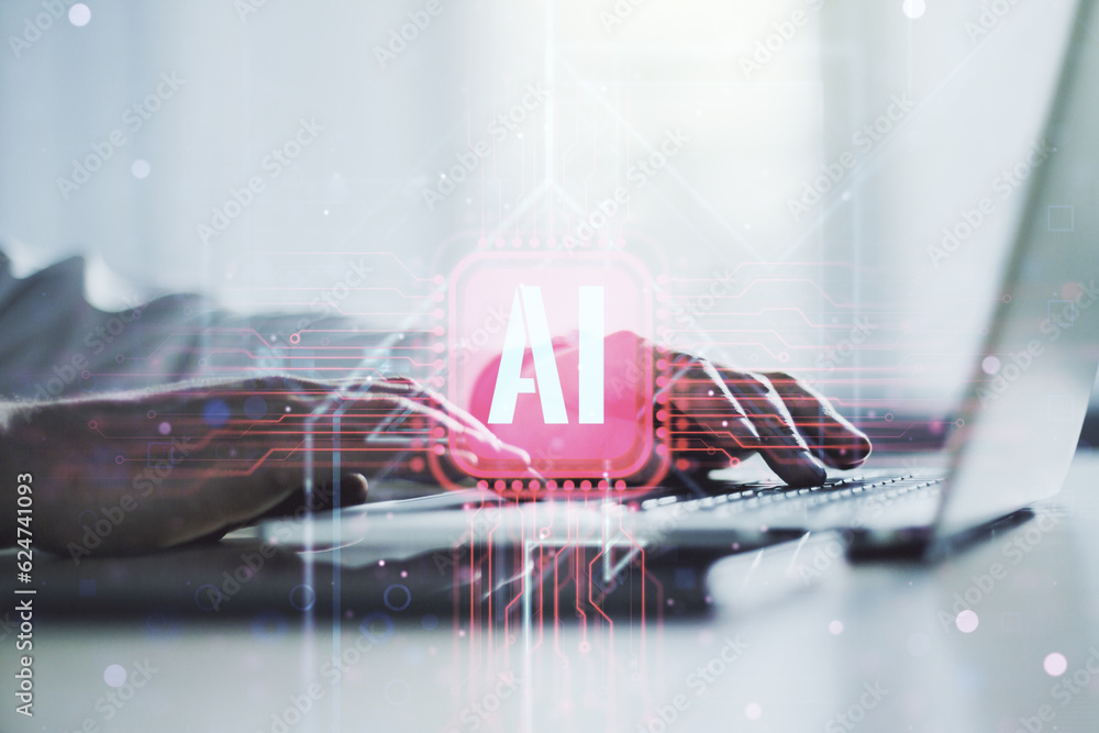Poster creative artificial intelligence symbol concept with hands typing on computer keyboard on background