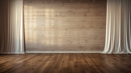 Empty room with a wooden floor and a wooden wall with curtains. Free copy space background wallpaper