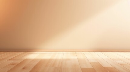 Empty room with a wooden floor and a glare on the warm white wall. Free copy space background wallpaper