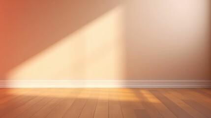 Gradient beige empty room with a wooden floor and a glare on the wall. Free copy space background wallpaper