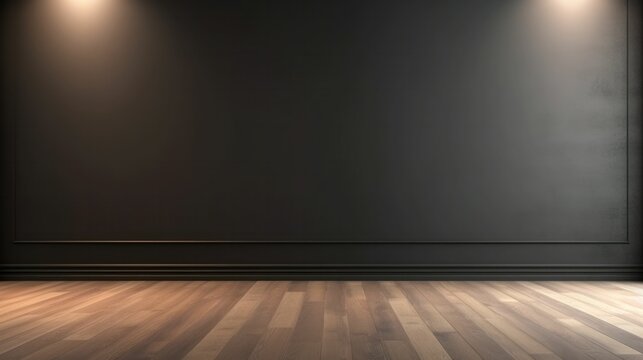 Pastel black empty room with a wooden floor and a spotlight on the wall. Free copy space background wallpaper