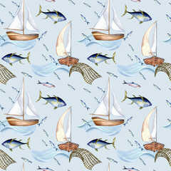 Seamless pattern of sea fish and sail boat watercolor illustration isolated on blue. Fishing boat, sea wave and tuna, hand drawn. Design element for textile, packaging, wrapping, background, market
