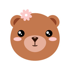 Little baby bear girl. Character of baby animal face with pink flower on head. Vector illustration of bear cub. Print for kids.