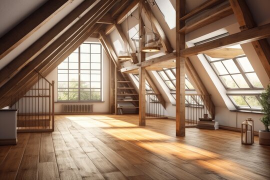 Open attic loft interior with windows, a stairwell, and a hardwood floor. mock up for an illustration. Generative AI