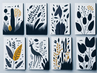 A set of creative minimalistic hand-painted illustrations for wall decoration, postcards or brochure cover. Generative AI