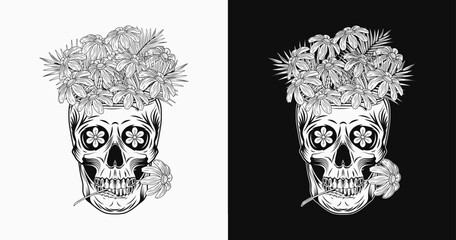 Human skull like cup full of chamomile flowers. Skull holding flower between teeth. Groovy hippie retro style Front view illustration in vintage style.