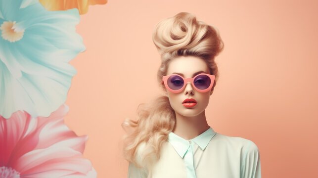 Retro style pastel colors summer background, Fashion woman wearing big sunglasses. AI generative.