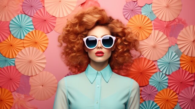 Retro style pastel colors summer background, Fashion woman wearing big sunglasses. AI generative.