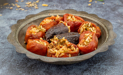 Turkish style stuffed eggplant and dried peppers