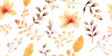 Floral seamless pattern with autumn leaves, branches and flowers. Watercolor delicate print on white background